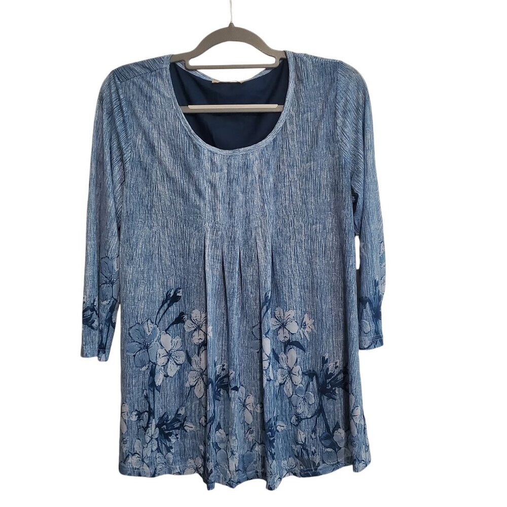 Timeson ‎ Blue/White Floral 3/4 Sleeve Tunic Pullover Blouse Size Large NWOT